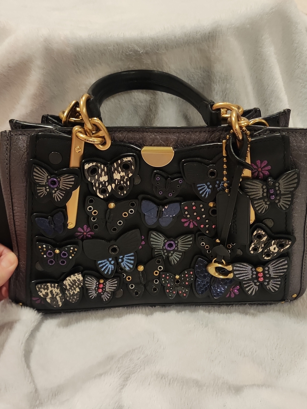 Coach Black DREAMER Snakeskin Butterfly-Appliqué Leather Satchel Excellent Cond.